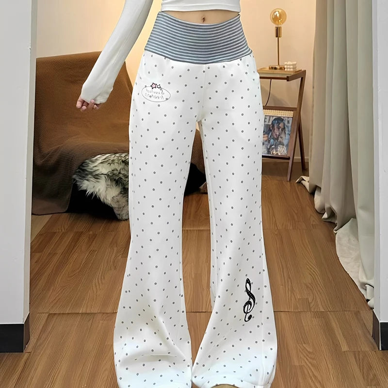 Spring Sports White Polka Dot Printed Micro Flared Pants Casual Comfortable Home Loose Bottoms