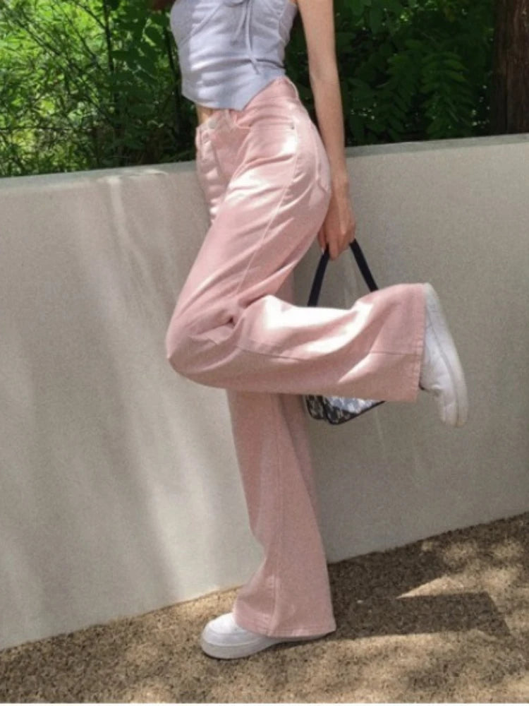 High Waist Slim Wide Leg Straight Long Pants 2026 Spring Autumn New Trendy Pink Women Jeans Casual Daily Wear Trousers