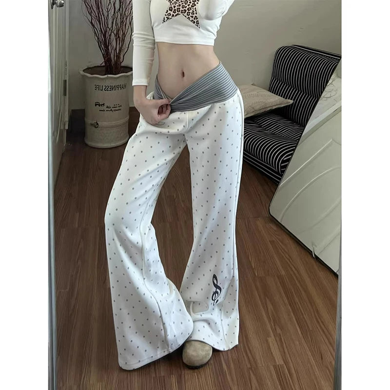 Spring Sports White Polka Dot Printed Micro Flared Pants Casual Comfortable Home Loose Bottoms