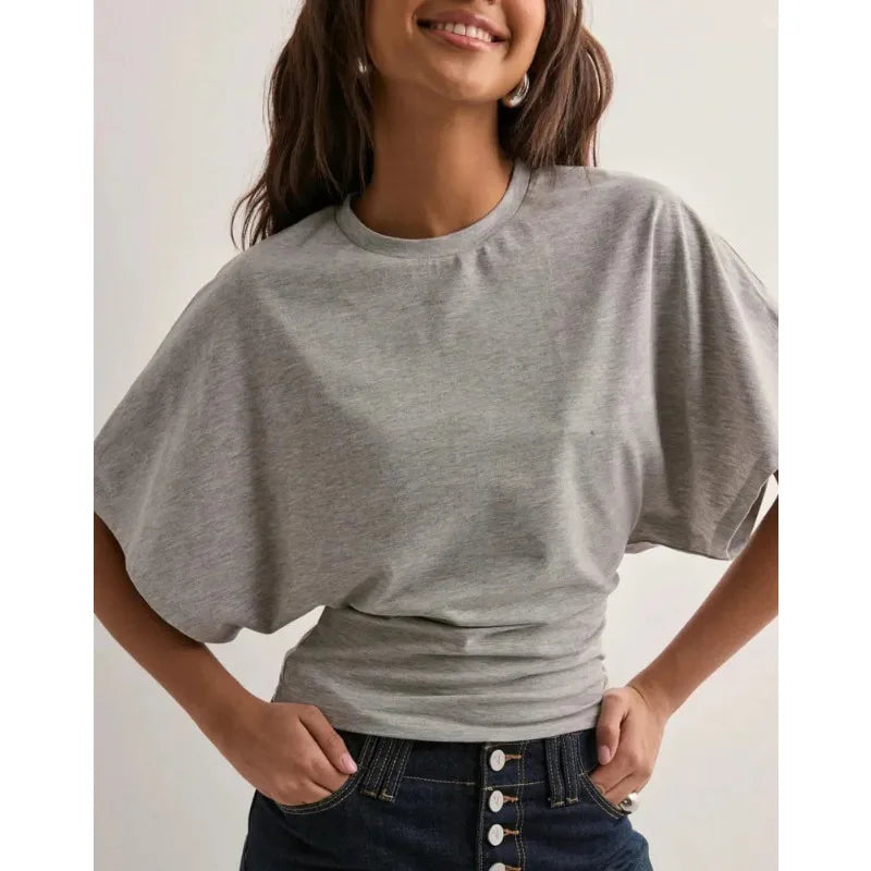 Women's T-shirts Crew Neck Ruched Waist Slim Fit Solid Color Casual Cropped Tee Summer Streetwear Basic Daily Wear Top