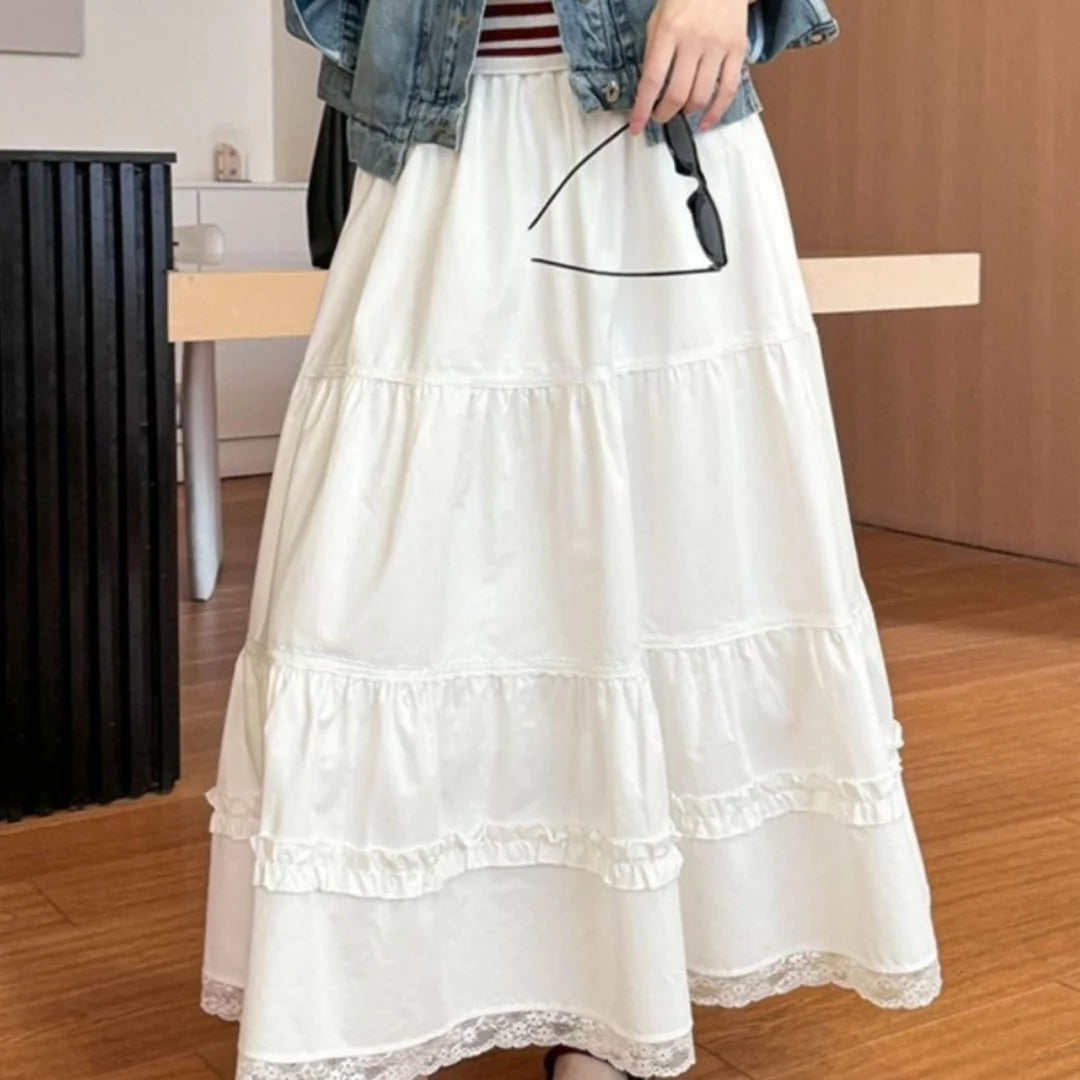 Korean Chic Lace Patchwork Long Skirt Women Summer High Waist A Line White Cake Skirts Woman All Match Midi Skirt Female Basics
