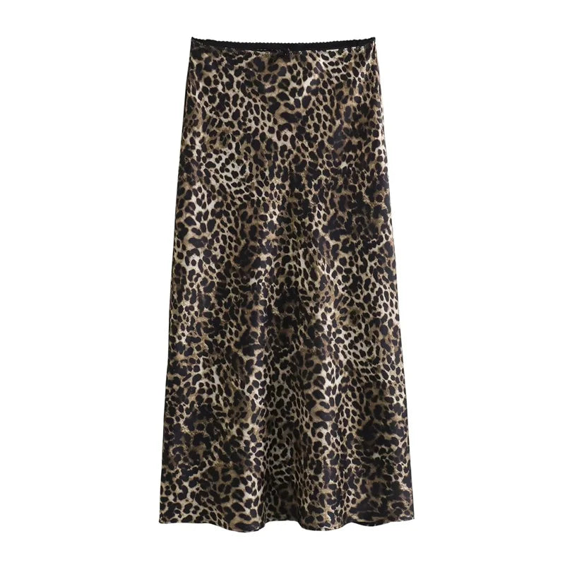 MUJER Leopard Print Satin Skirt Woman Bow Vintage Midi Skirt 2025 Summer Elegant Long Skirts For Women Fashion Women's Skirts