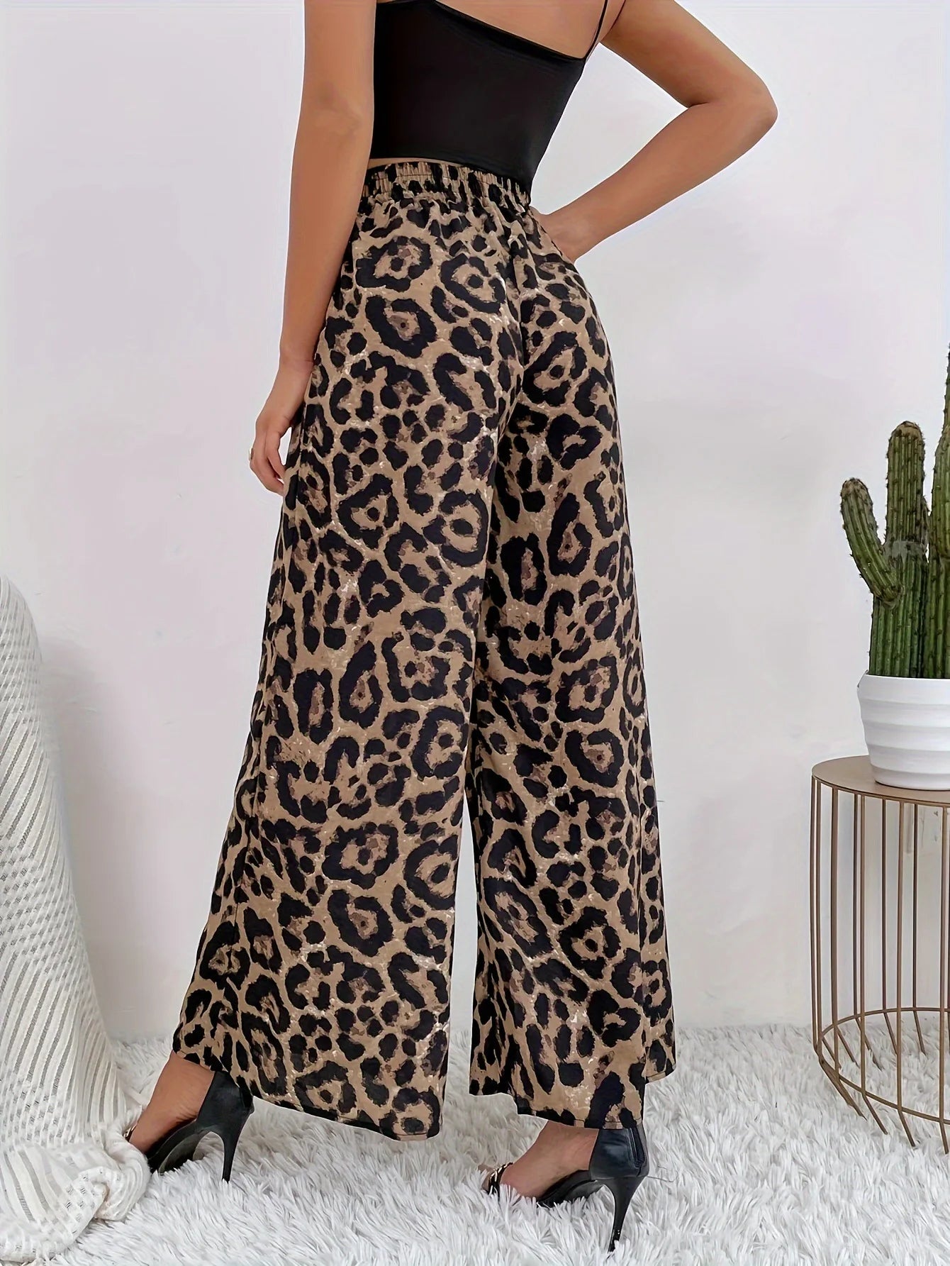 2025 summer INS trendy temperament leopard print casual straight leg women's pants versatile elastic waist wide leg pants