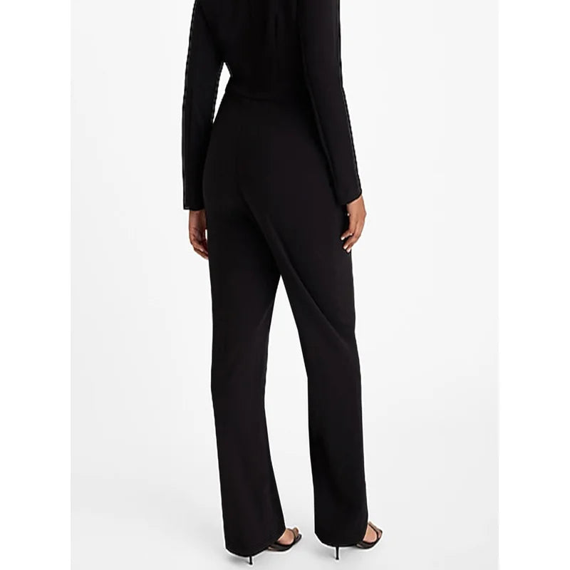 2025 Fashion Slim Straight Trousers Women Regular Waist Breathable Slimming Solid Black Daily Office Trousers 
