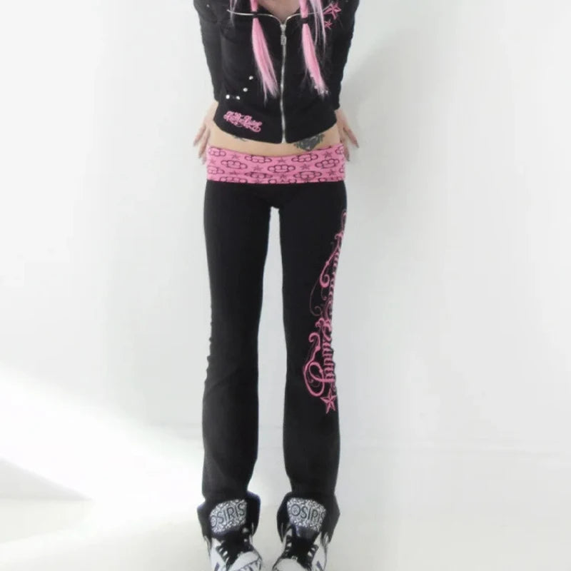 Retro Hot Girl Black Pink Contrast Low Waist Flared Pants Printed Slim Fit Bell Bottoms Millennium Style Streetwear Trousers