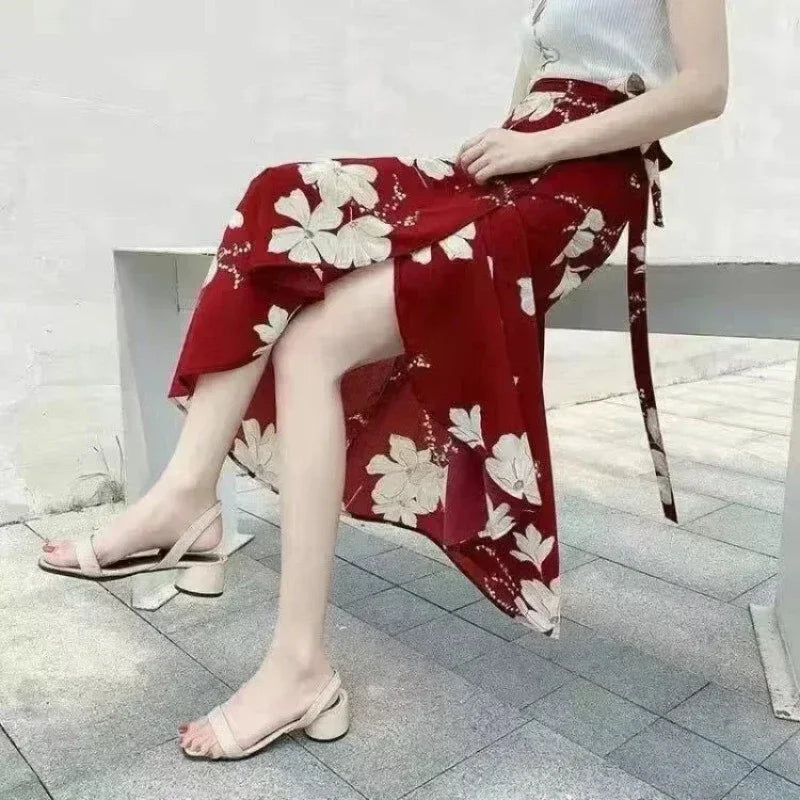 TOKITIND Wrap Skirts Women Casual Chiffon Tie-Waist Ruffle Wide Leg Loose