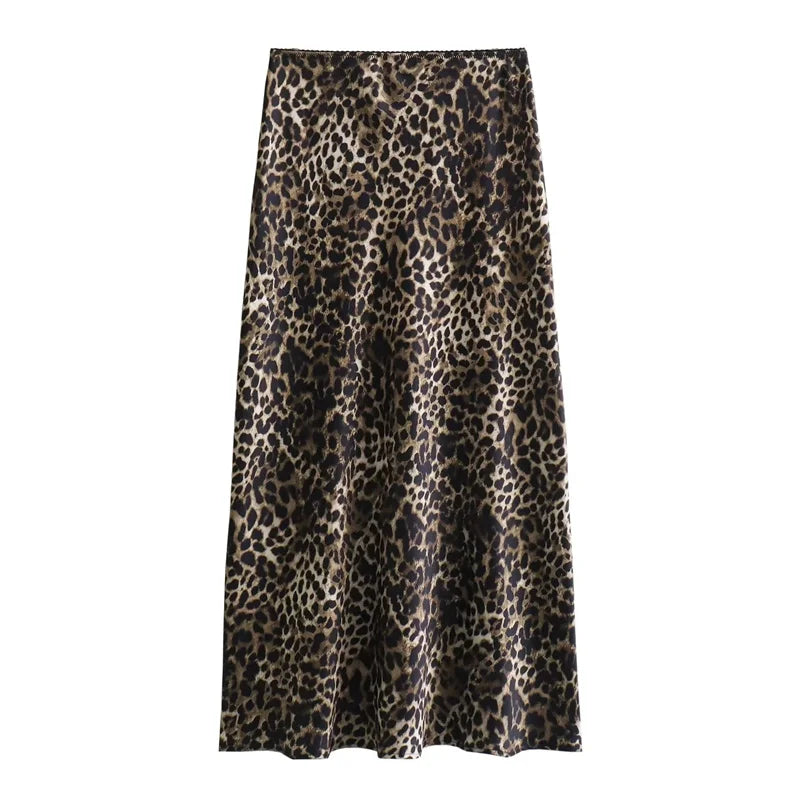 MUJER Leopard Print Satin Skirt Woman Bow Vintage Midi Skirt 2025 Summer Elegant Long Skirts For Women Fashion Women's Skirts