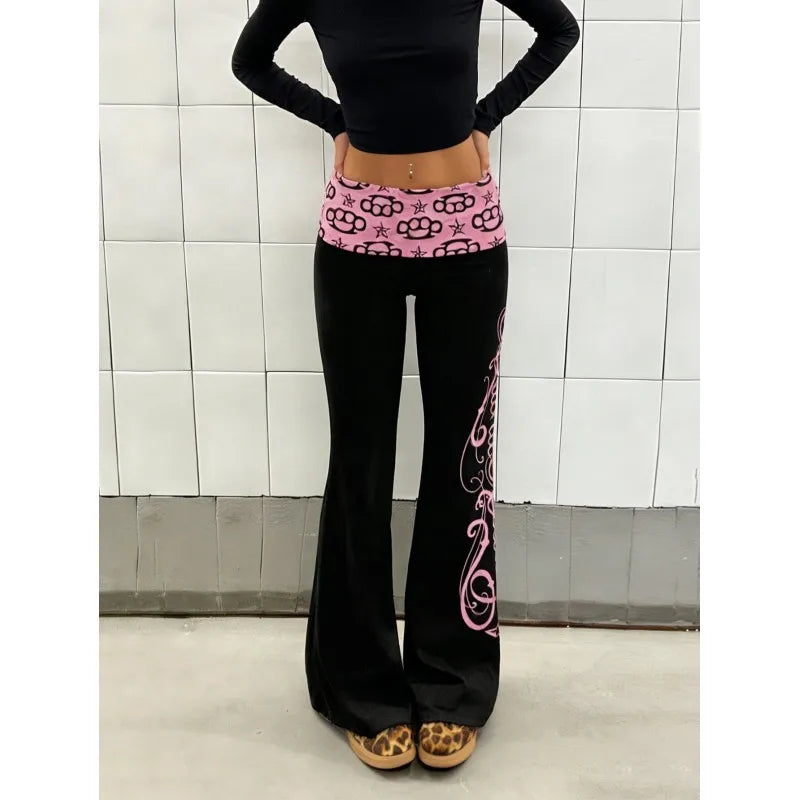 Retro Hot Girl Black Pink Contrast Low Waist Flared Pants Printed Slim Fit Bell Bottoms Millennium Style Streetwear Trousers