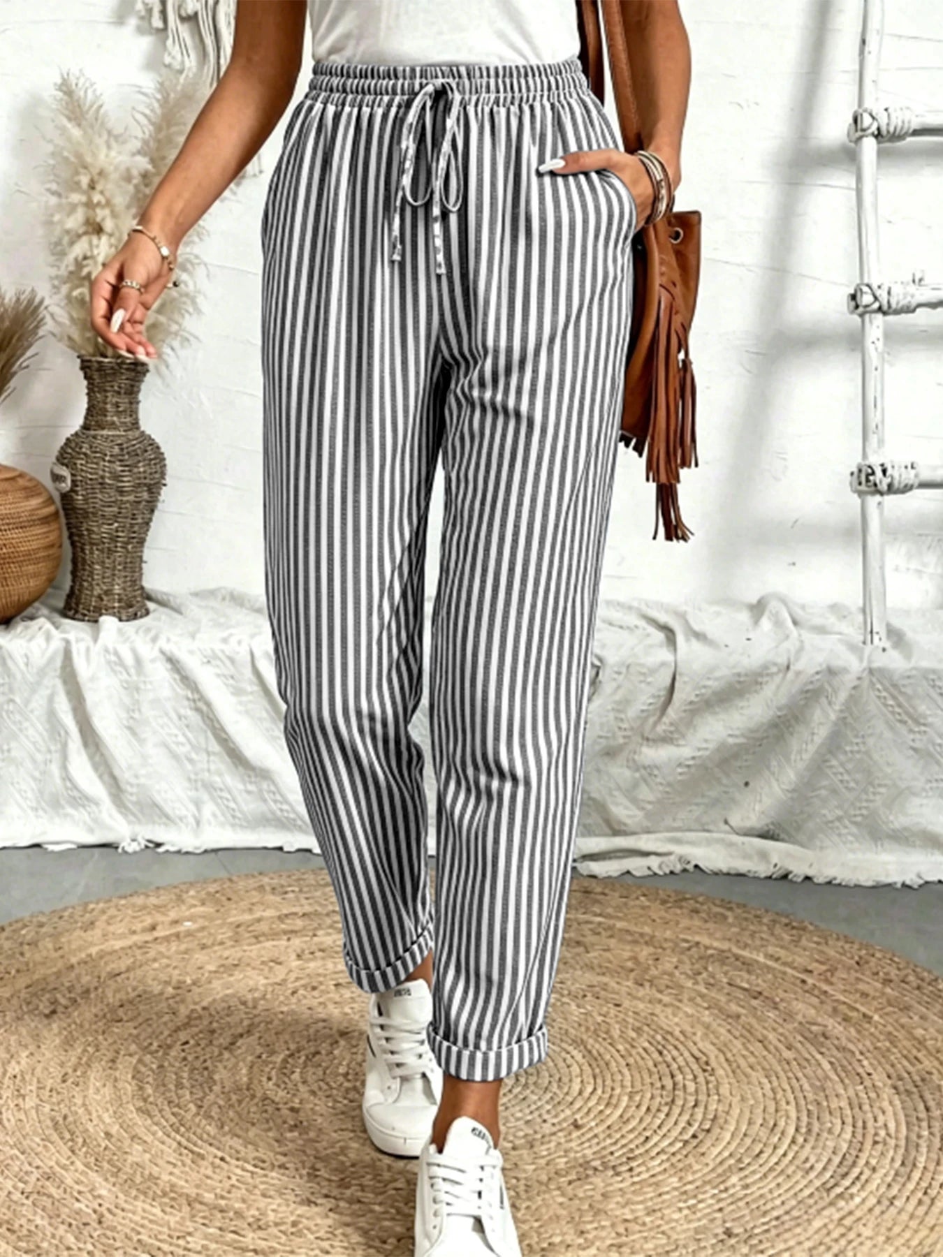 Women Striped Loose Pants 2026 Spring Summer, Elastic Drawstring Waist Wide Leg Casual Trousers, Breathable Soft Streetwear Pant
