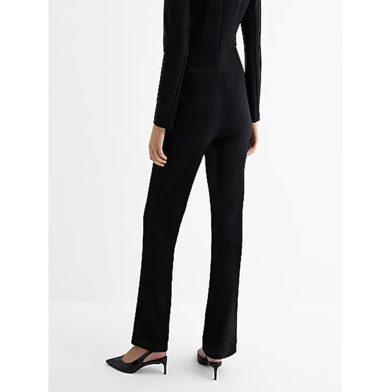 2025 Fashion Slim Straight Trousers Women Regular Waist Breathable Slimming Solid Black Daily Office Trousers 