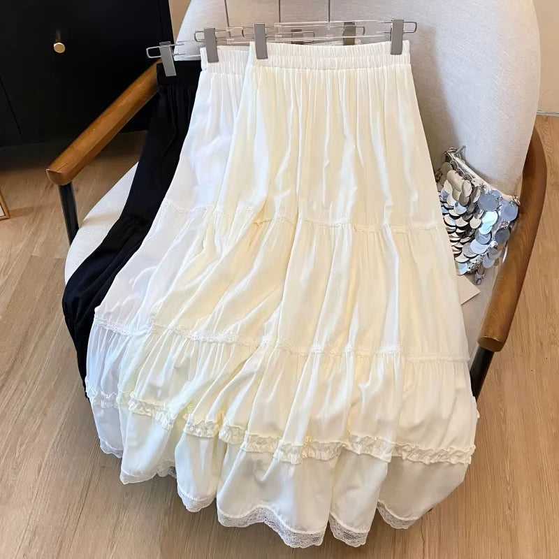 Korean Chic Lace Patchwork Long Skirt Women Summer High Waist A Line White Cake Skirts Woman All Match Midi Skirt Female Basics