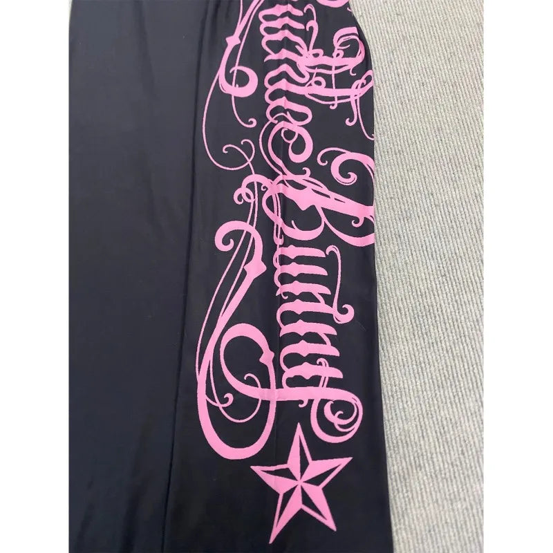 Retro Hot Girl Black Pink Contrast Low Waist Flared Pants Printed Slim Fit Bell Bottoms Millennium Style Streetwear Trousers