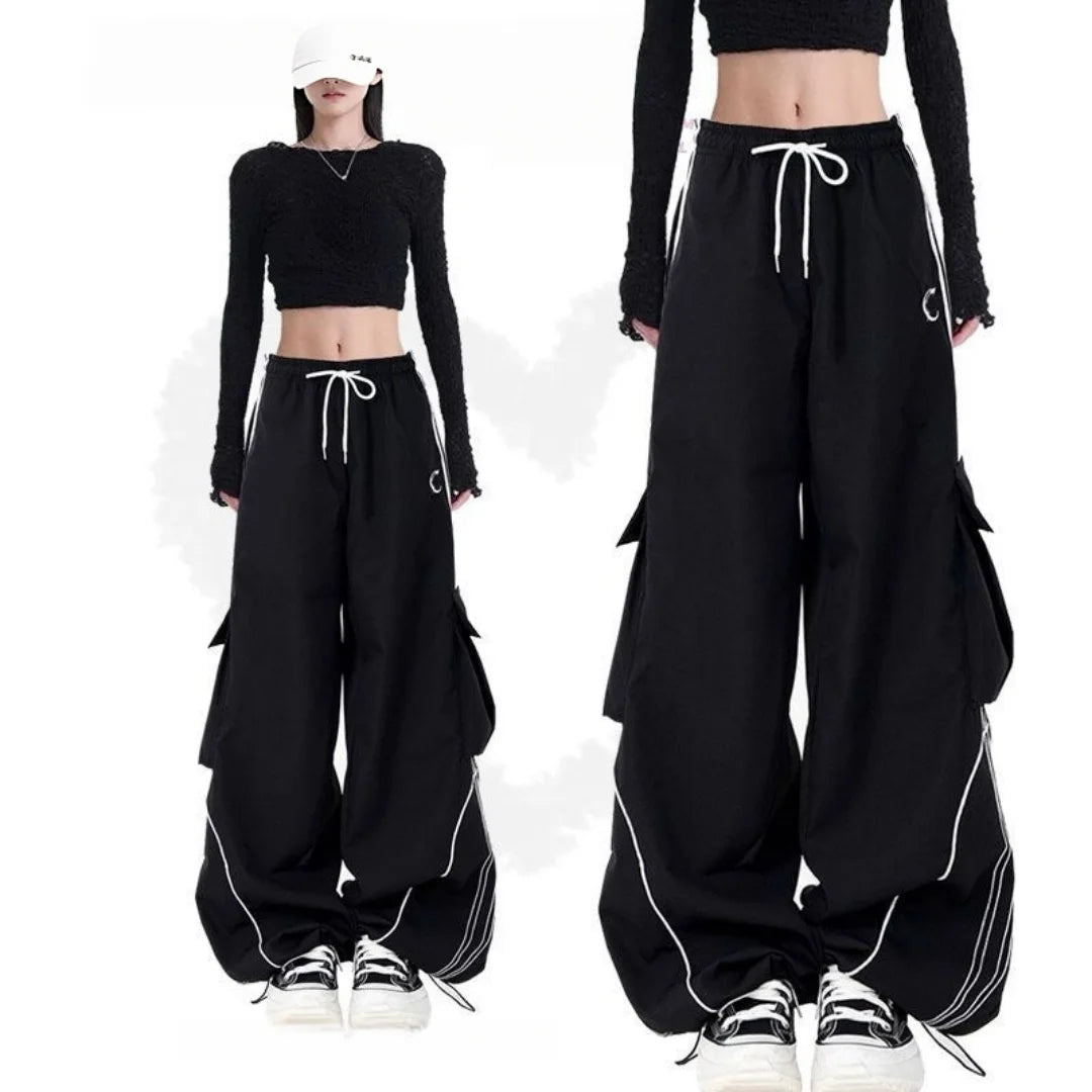 Y2K Black Striped Women Cargo Pants Korean Fashion Wide Leg Baggy Trousers Streetwear Autunm Harajuku Hip Hop Oversized Loose