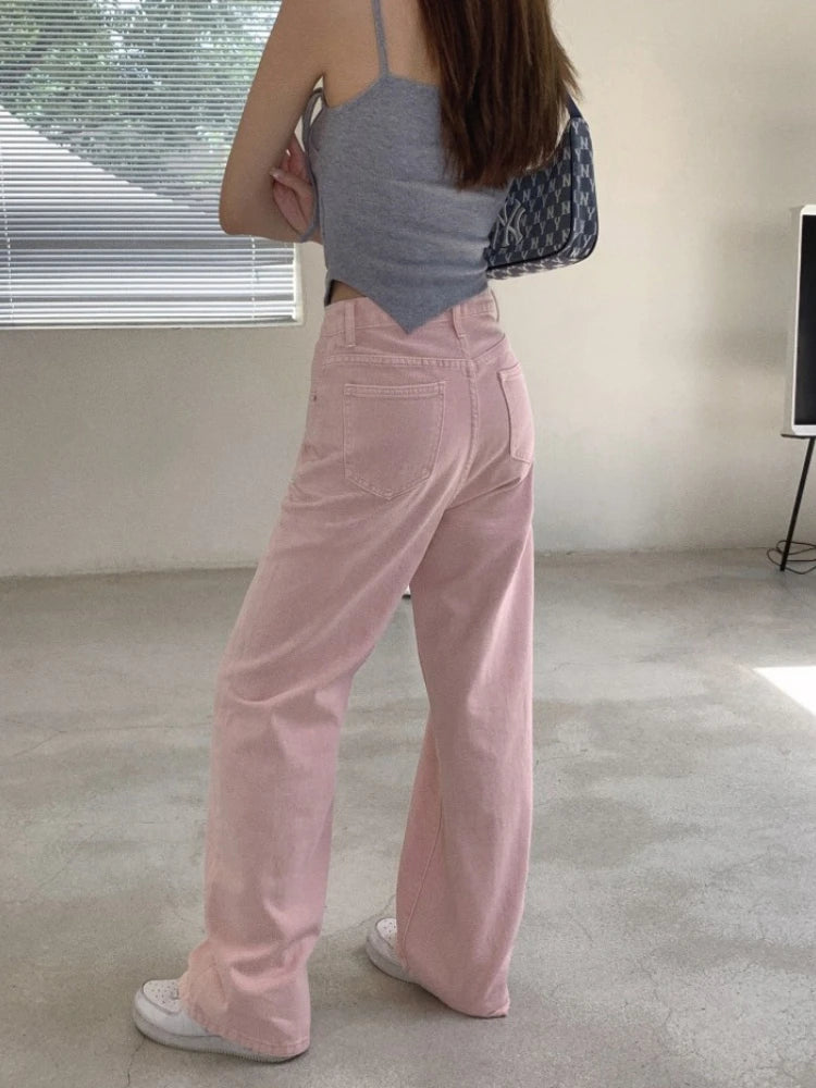 High Waist Slim Wide Leg Straight Long Pants 2026 Spring Autumn New Trendy Pink Women Jeans Casual Daily Wear Trousers
