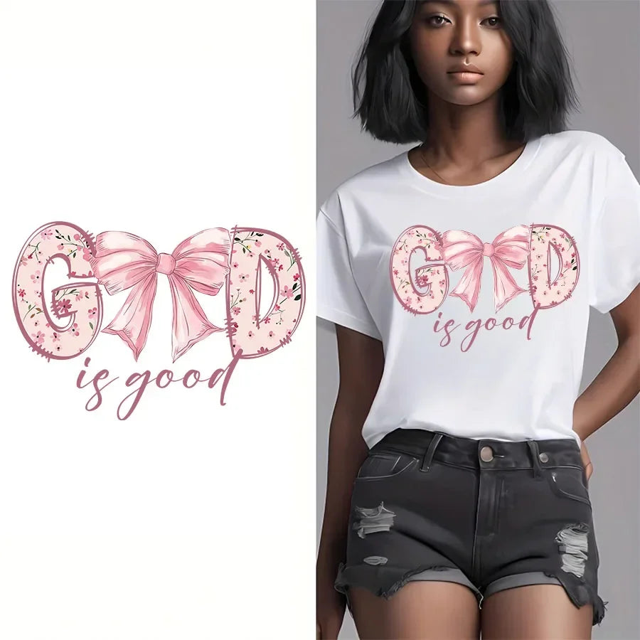 God Is Good Christian Jesus Bible Verse Bow Print T-shirts Short Sleeve  Women Shirt Fashion Graphic Tops Female Clothing