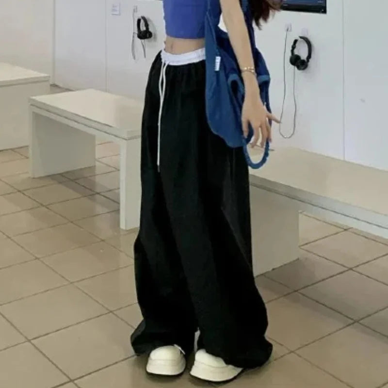 Y2K Black Striped Women Cargo Pants Korean Fashion Wide Leg Baggy Trousers Streetwear Autunm Harajuku Hip Hop Oversized Loose