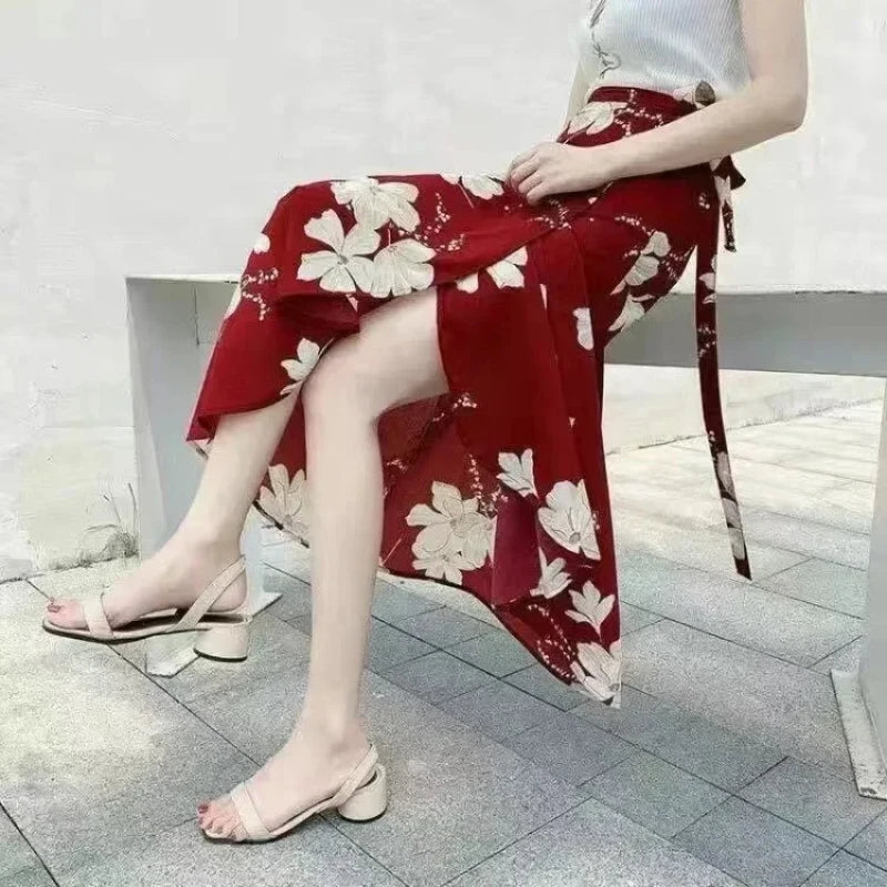 Women Floral Print Chiffon Skirt Beach Bikini Cover Up Wrap Scarf Swimwear Pareo Sarong Dress Solid Ruffle Casual Beach Dress