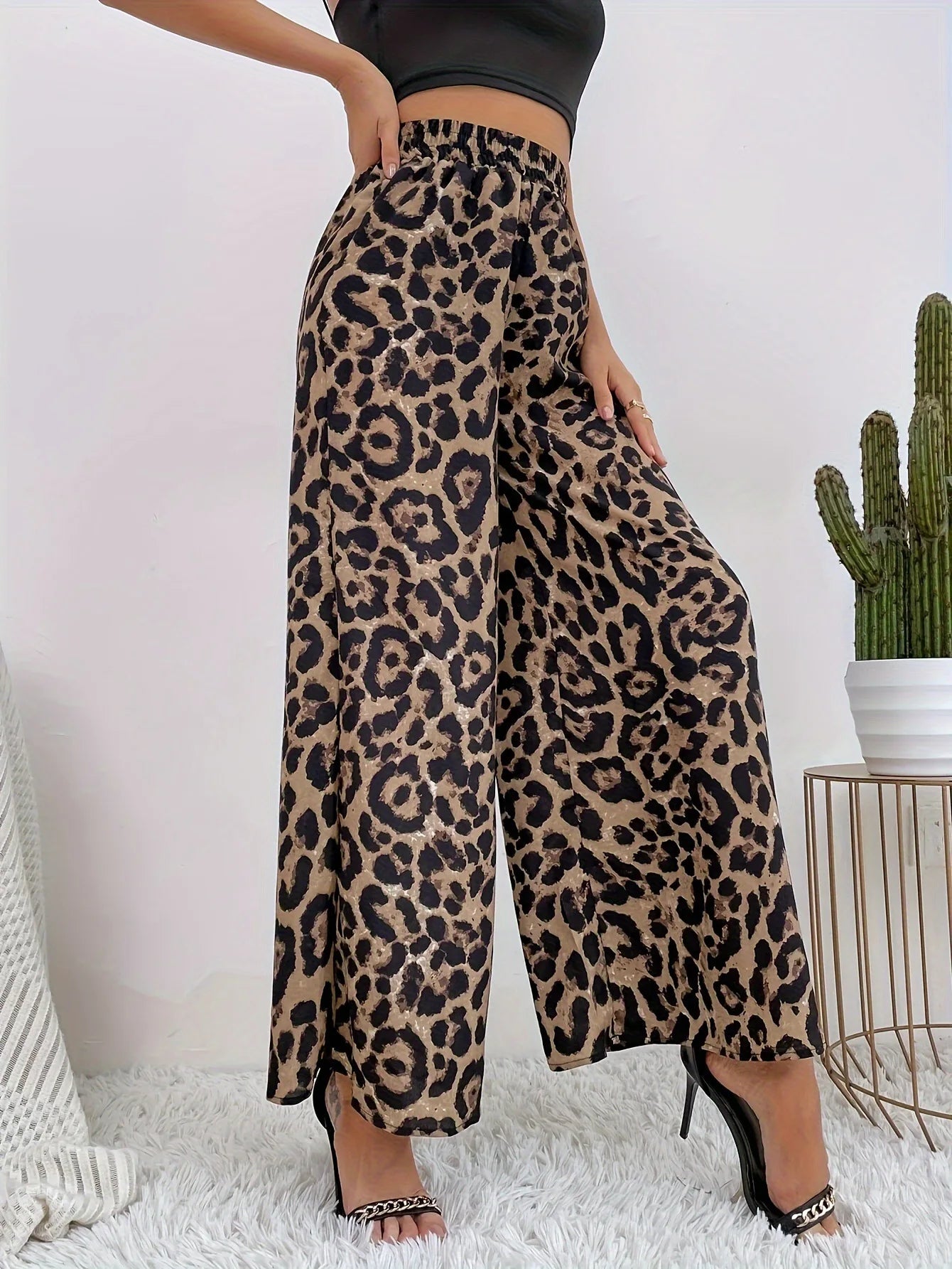 2025 summer INS trendy temperament leopard print casual straight leg women's pants versatile elastic waist wide leg pants