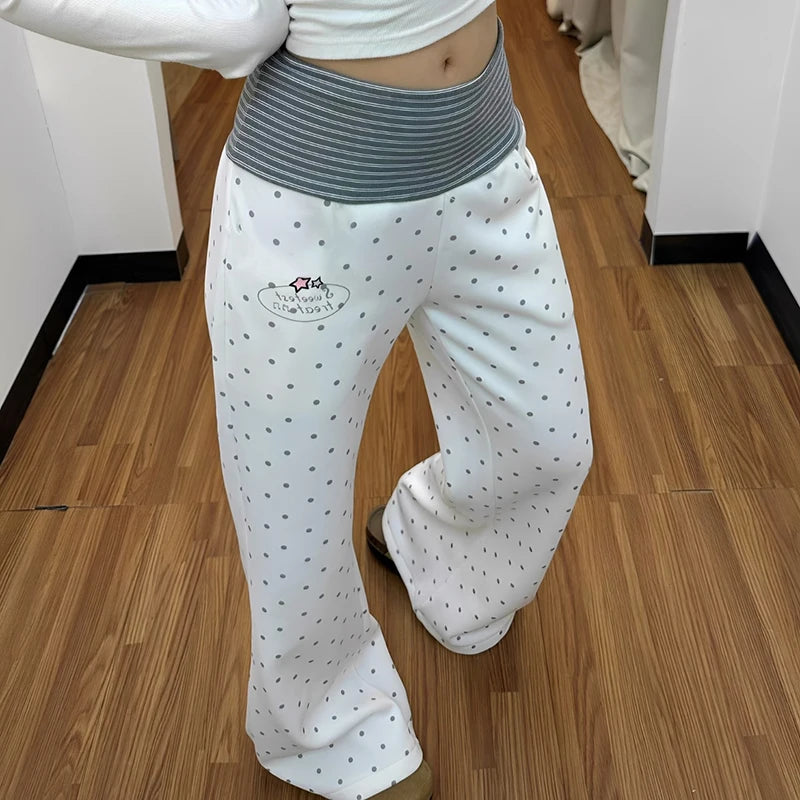 Spring Sports White Polka Dot Printed Micro Flared Pants Casual Comfortable Home Loose Bottoms