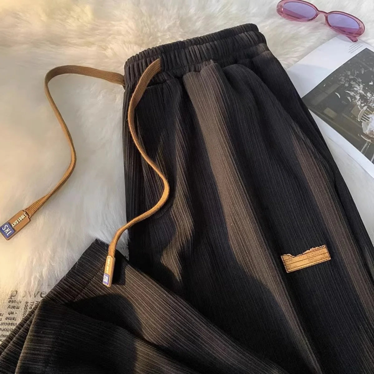 Solid Women's Straight Pants Elastic Waist Drawstring Pocket Retro High Waisted Sports Clothes Ladies' Loose Commuting Trouser
