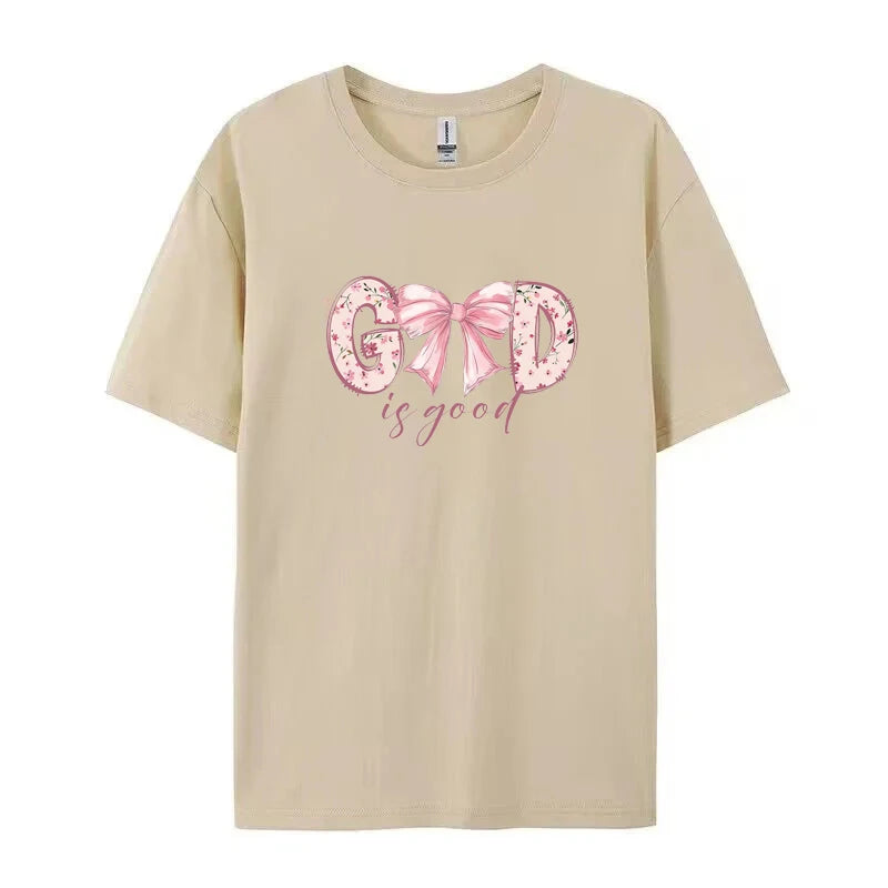 God Is Good Christian Jesus Bible Verse Bow Print T-shirts Short Sleeve  Women Shirt Fashion Graphic Tops Female Clothing