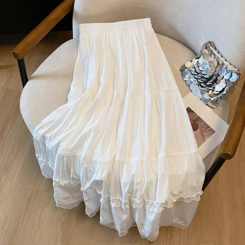 Korean Chic Lace Patchwork Long Skirt Women Summer High Waist A Line White Cake Skirts Woman All Match Midi Skirt Female Basics