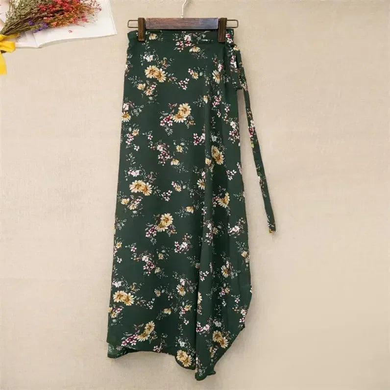Women Floral Print Chiffon Skirt Beach Bikini Cover Up Wrap Scarf Swimwear Pareo Sarong Dress Solid Ruffle Casual Beach Dress