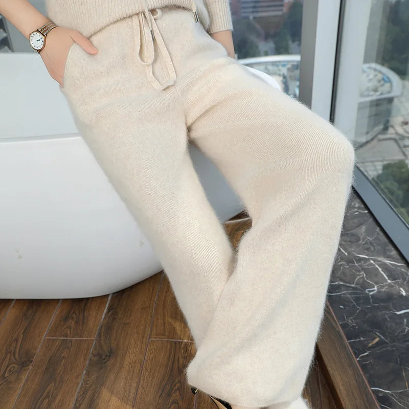 100% Pure Mink Cashmere Knit Wide-Leg Pants Women's Elastic Wai...
