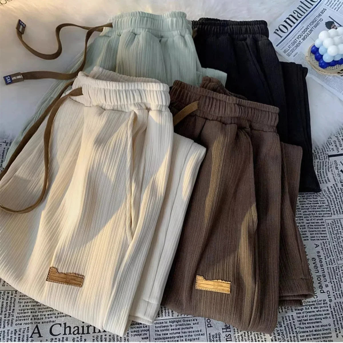 Solid Women's Straight Pants Elastic Waist Drawstring Pocket Retro High Waisted Sports Clothes Ladies' Loose Commuting Trouser