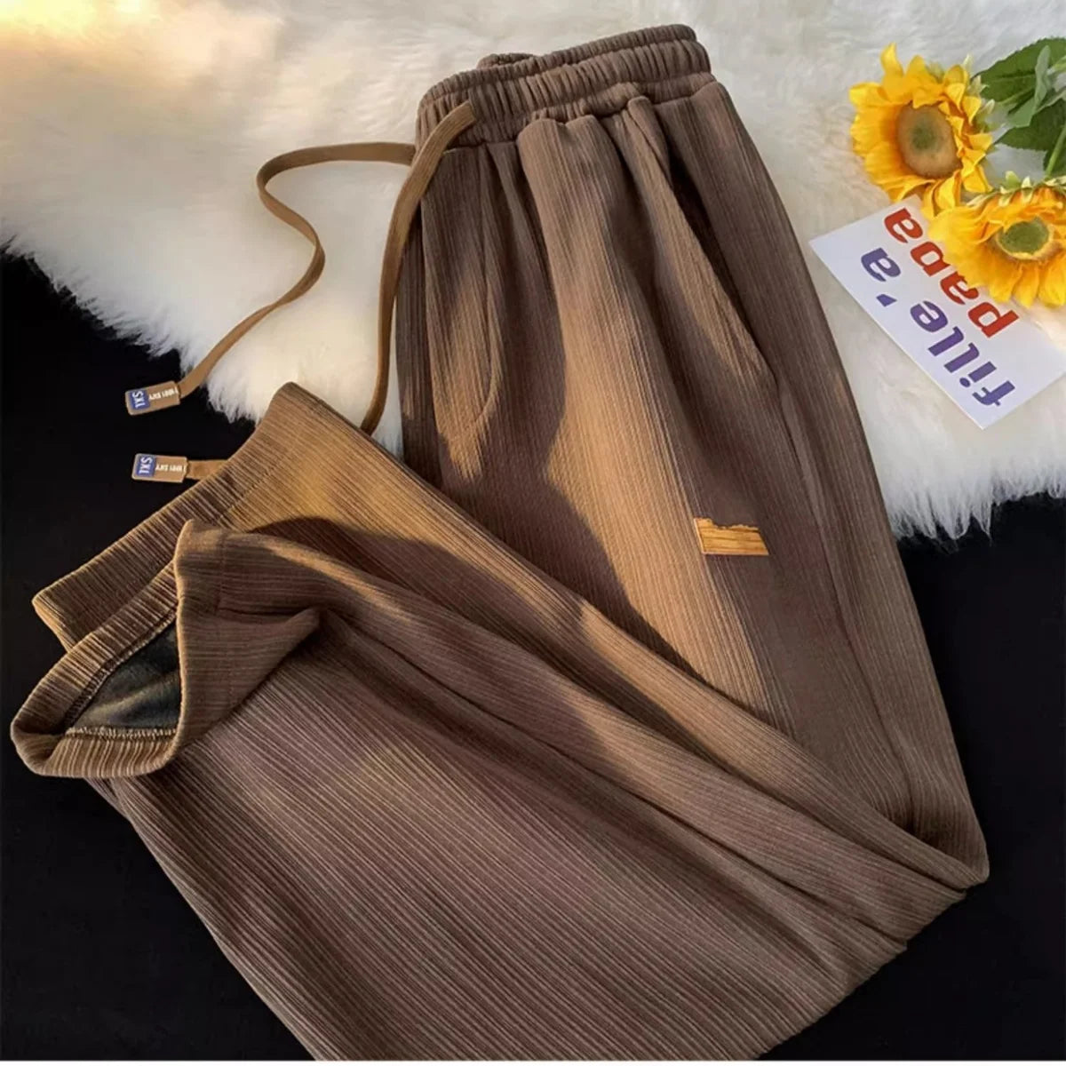 Solid Women's Straight Pants Elastic Waist Drawstring Pocket Retro High Waisted Sports Clothes Ladies' Loose Commuting Trouser