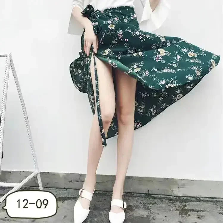 TOKITIND Wrap Skirts Women Casual Chiffon Tie-Waist Ruffle Wide Leg Loose