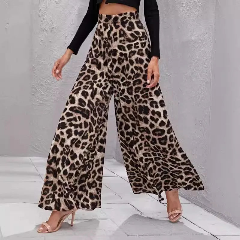 2025 summer INS trendy temperament leopard print casual straight leg women's pants versatile elastic waist wide leg pants
