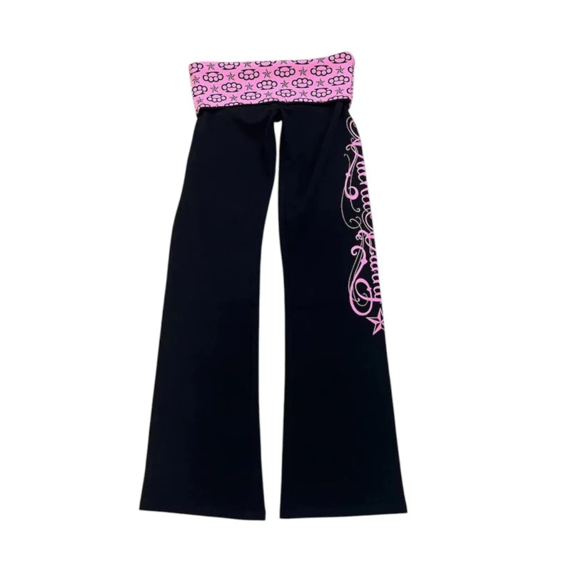 Retro Hot Girl Black Pink Contrast Low Waist Flared Pants Printed Slim Fit Bell Bottoms Millennium Style Streetwear Trousers