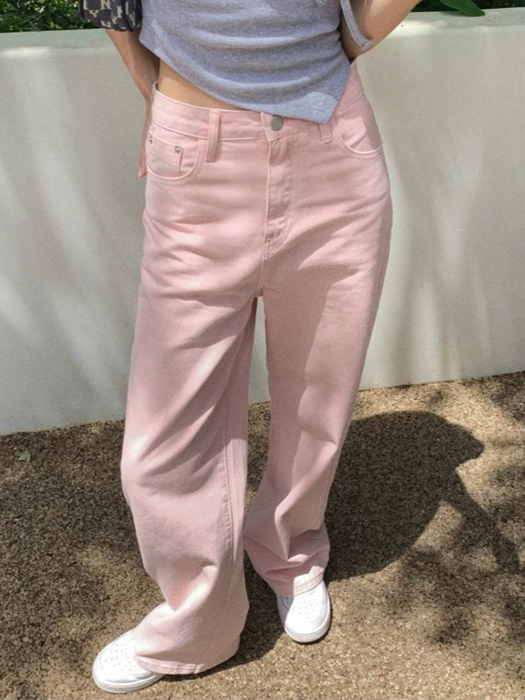 High Waist Slim Wide Leg Straight Long Pants 2026 Spring Autumn New Trendy Pink Women Jeans Casual Daily Wear Trousers