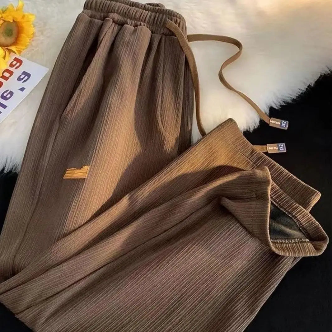 Solid Women's Straight Pants Elastic Waist Drawstring Pocket Retro High Waisted Sports Clothes Ladies' Loose Commuting Trouser