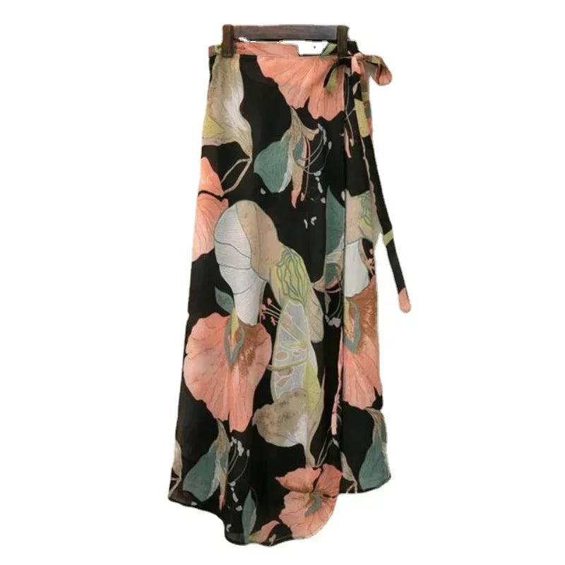 TOKITIND Wrap Skirts Women Casual Chiffon Tie-Waist Ruffle Wide Leg Loose