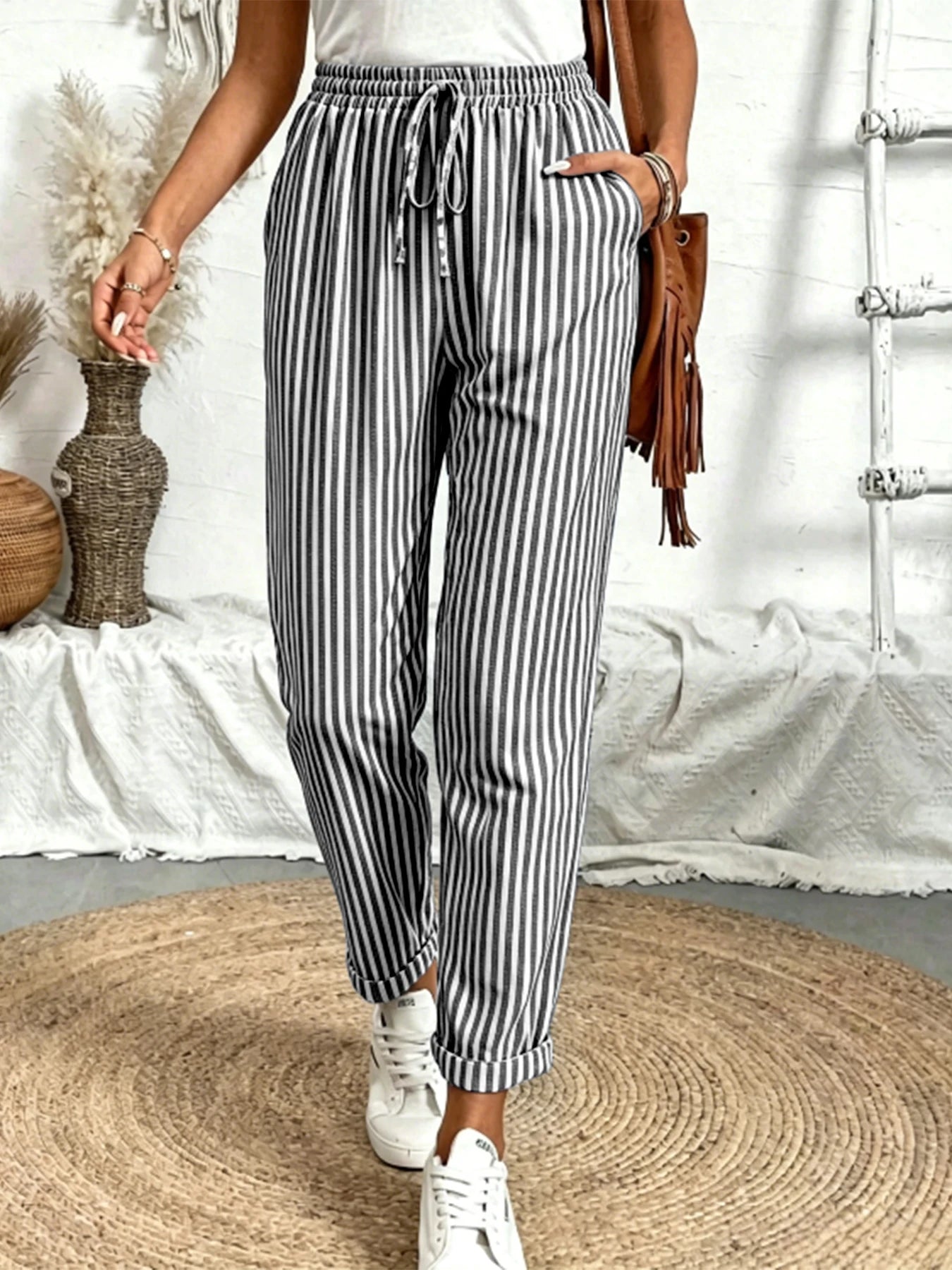 Women Striped Loose Pants 2026 Spring Summer, Elastic Drawstring Waist Wide Leg Casual Trousers, Breathable Soft Streetwear Pant