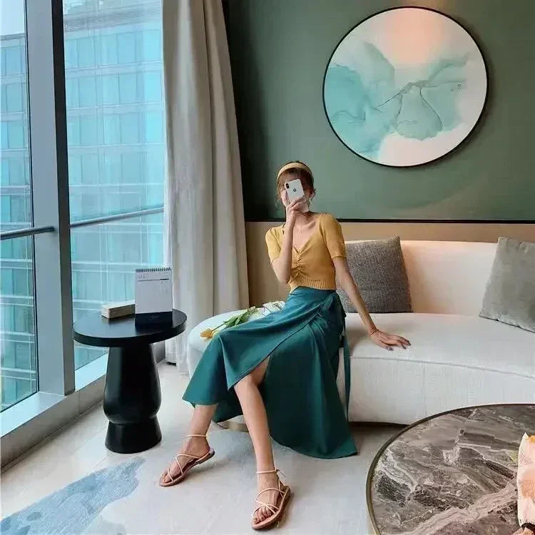 TOKITIND Wrap Skirts Women Casual Chiffon Tie-Waist Ruffle Wide Leg Loose