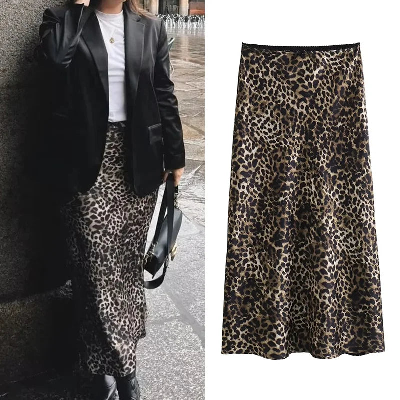 MUJER Leopard Print Satin Skirt Woman Bow Vintage Midi Skirt 2025 Summer Elegant Long Skirts For Women Fashion Women's Skirts