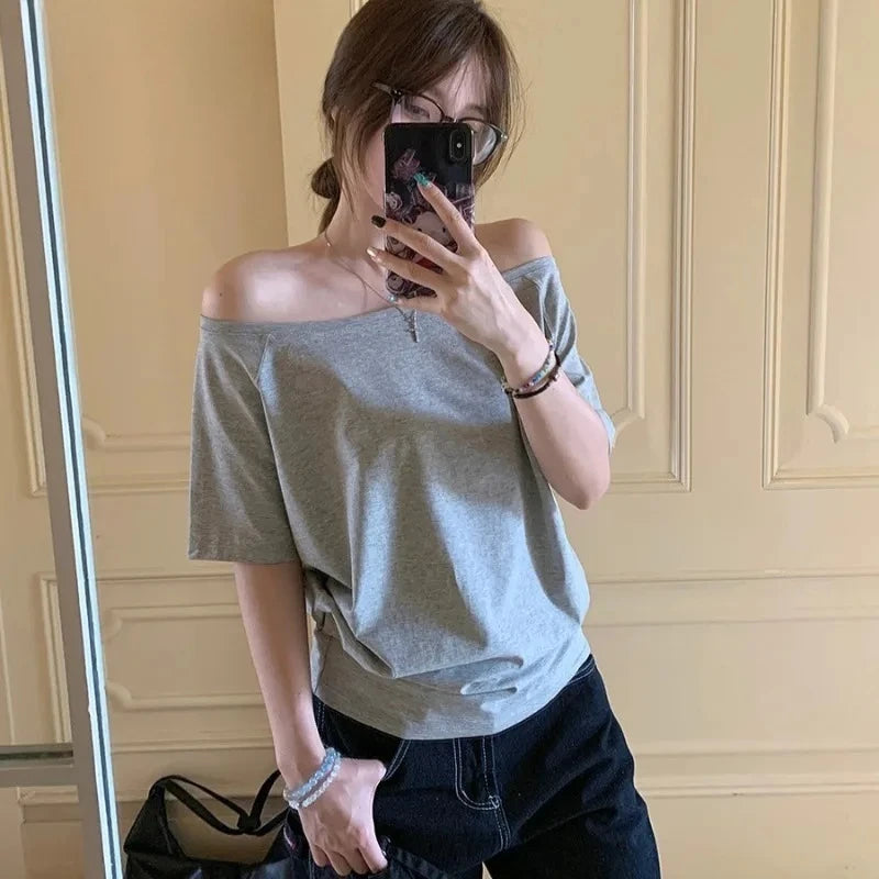 T-shirts Women Niche Design Off Shoulder Solid Short Sleeve Summer Chic Loose Casual Daily Simple Sexy Korean Trendy Street Tops