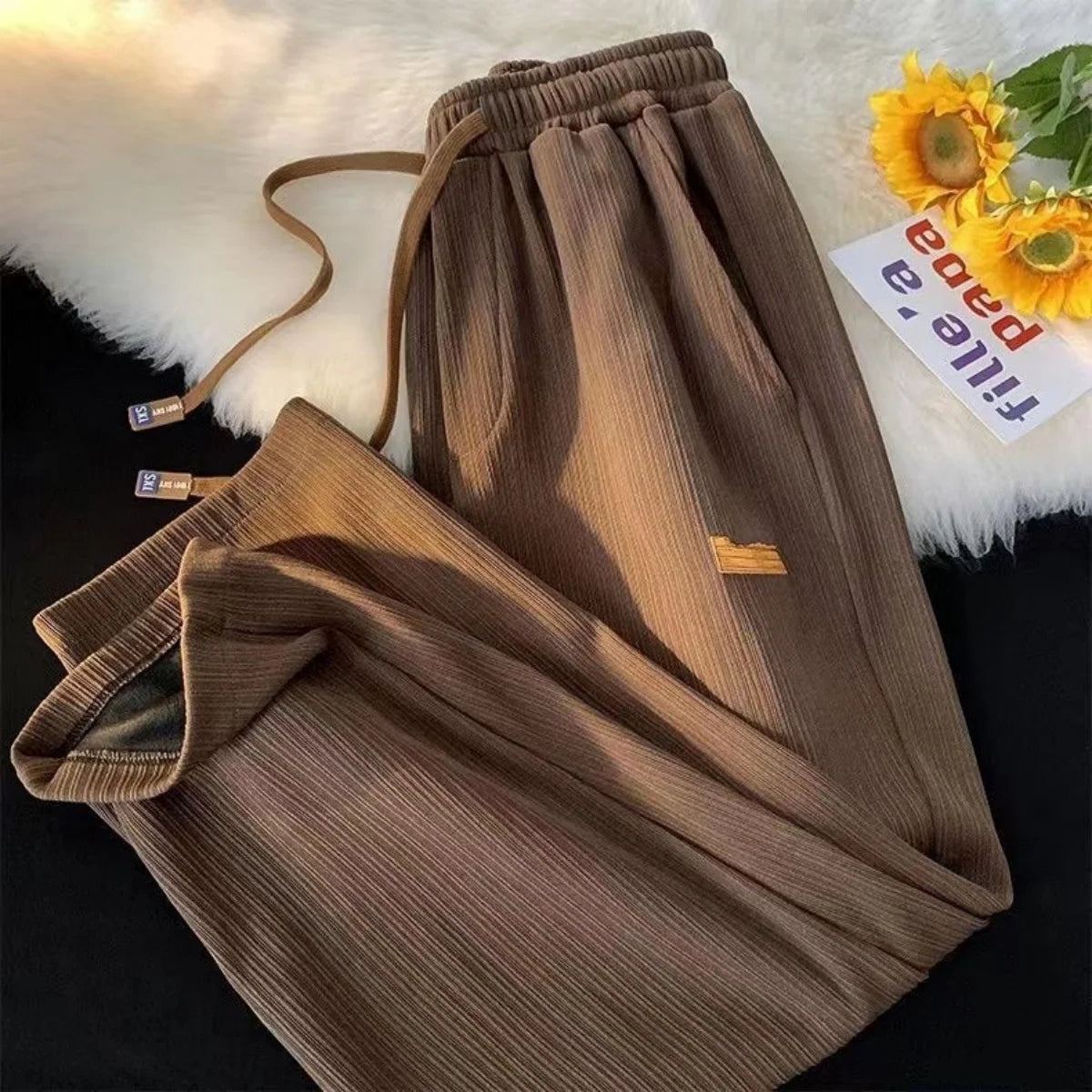 Solid Women's Straight Pants Elastic Waist Drawstring Pocket Retro High Waisted Sports Clothes Ladies' Loose Commuting Trouser