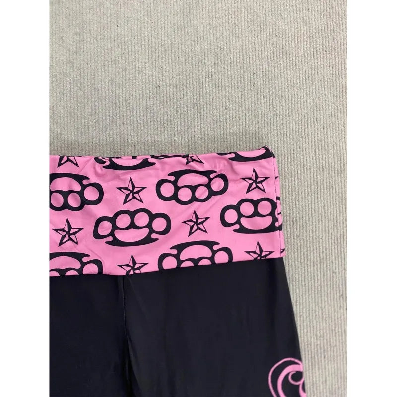 Retro Hot Girl Black Pink Contrast Low Waist Flared Pants Printed Slim Fit Bell Bottoms Millennium Style Streetwear Trousers