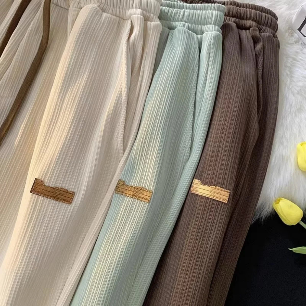 Solid Women's Straight Pants Elastic Waist Drawstring Pocket Retro High Waisted Sports Clothes Ladies' Loose Commuting Trouser