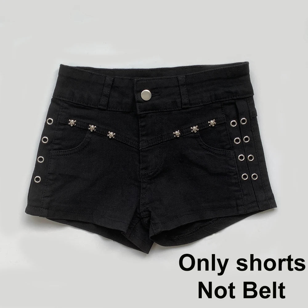 Summer Black Sexy Low Waist Y2K Jean Shorts Women Holiday Punk Gothic Denim Pants Korean Daily Fashion Skinny Strech Shorts+Belt