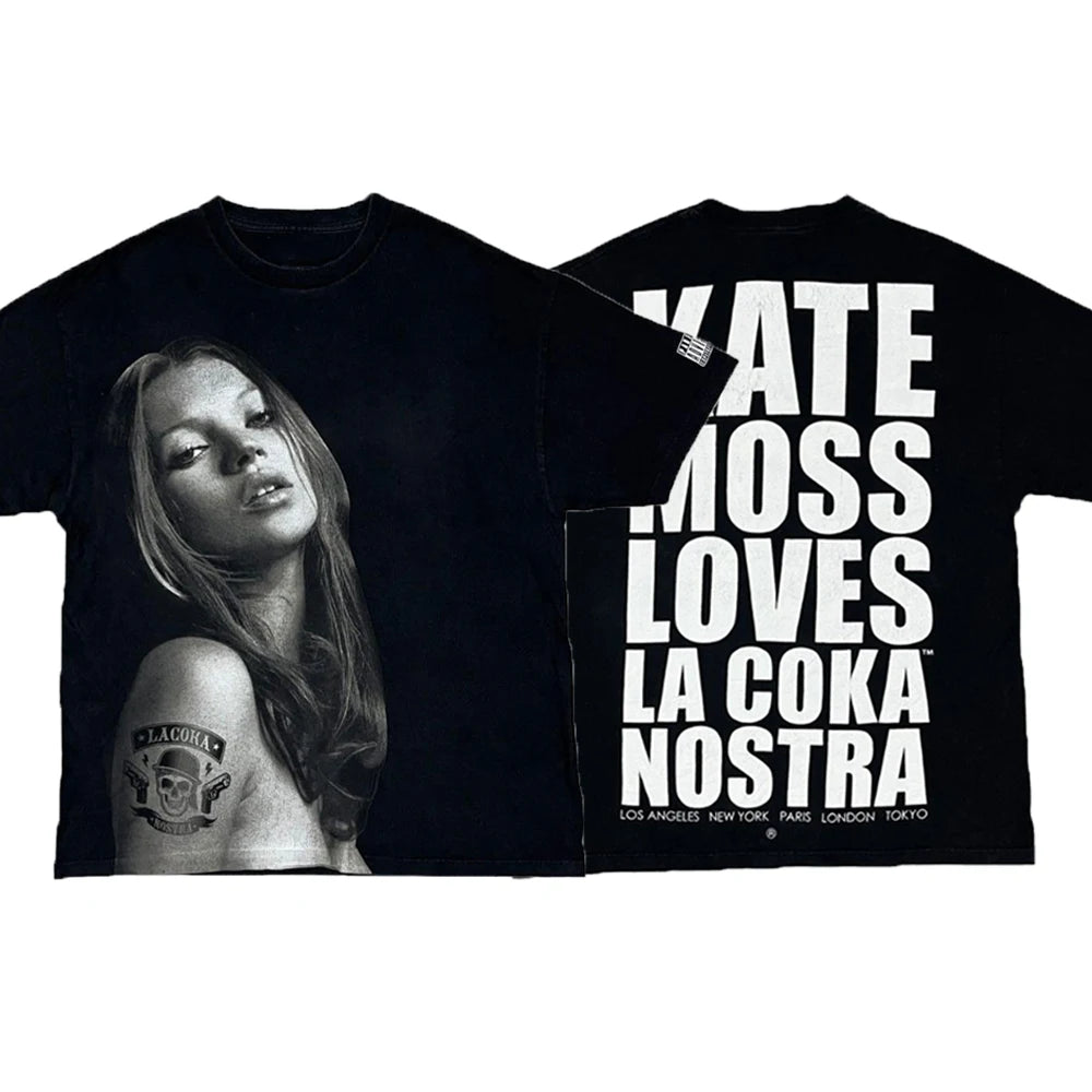 Kate Moss Pattern Printed Cotton Short Sleeve T-shirt Casual Fashion T-shirt Men Women Harajuku Retro T-shirts Unisex Y2k Tops
