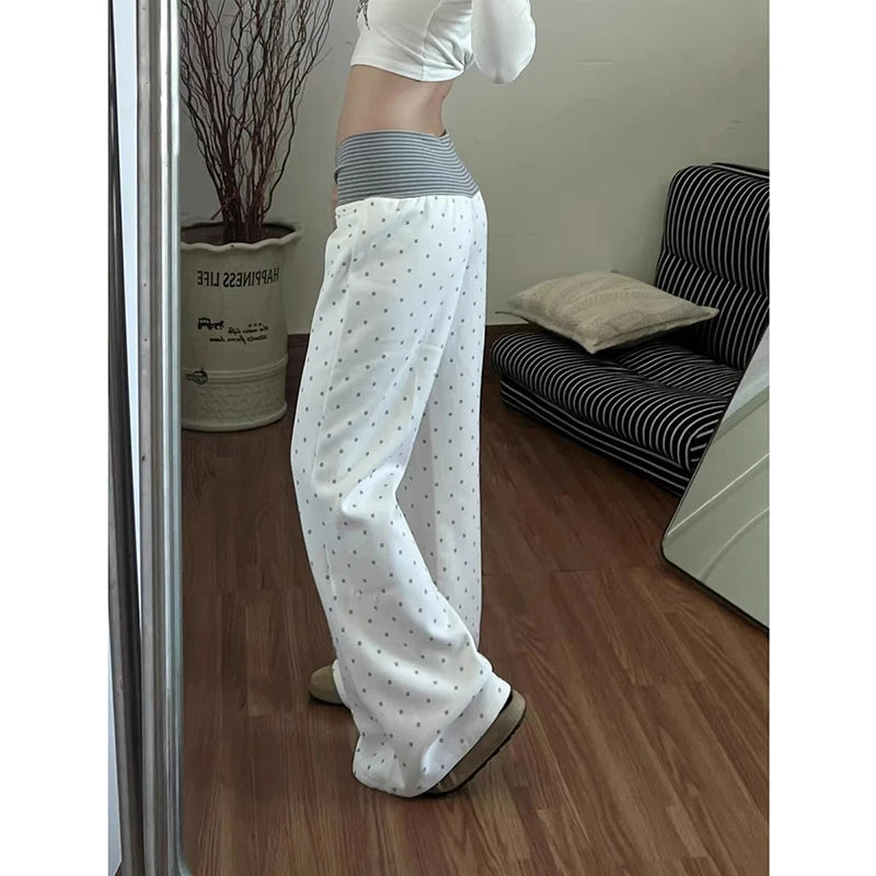 Spring Sports White Polka Dot Printed Micro Flared Pants Casual Comfortable Home Loose Bottoms
