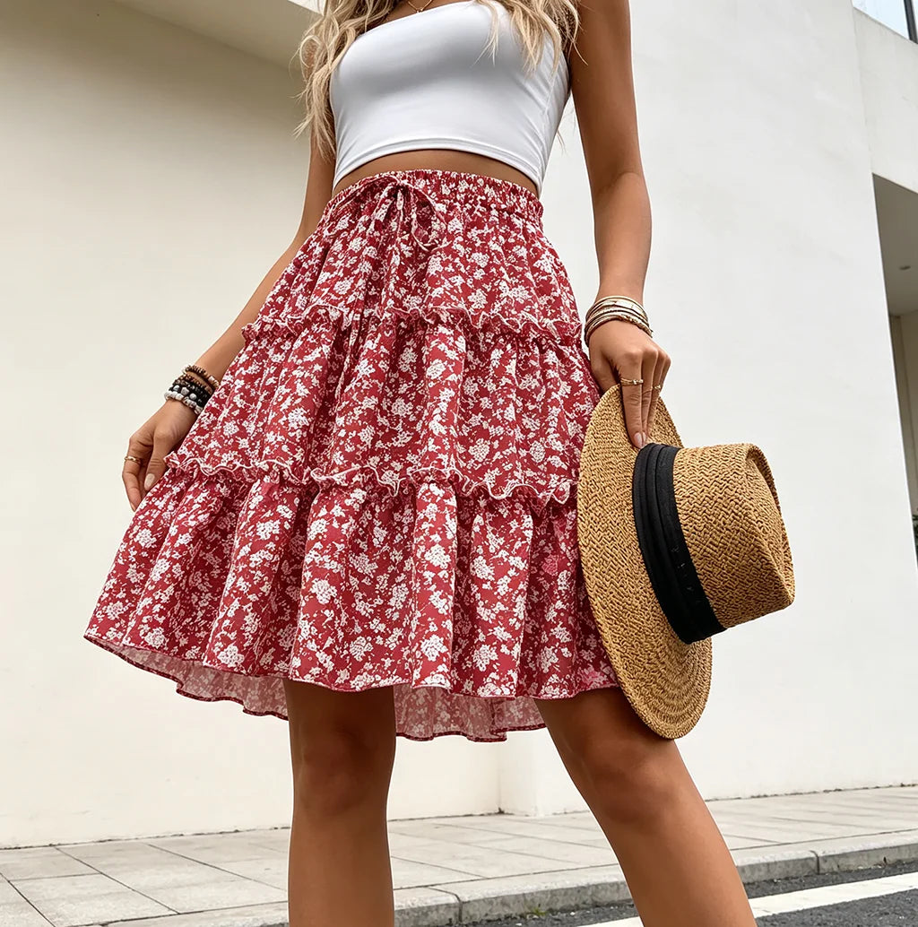 Women's Floral Print Layered Cake mini Dress, High-Waisted Ruffled Single Short Skirt, Summer Casual Beach Bohemian Dress
