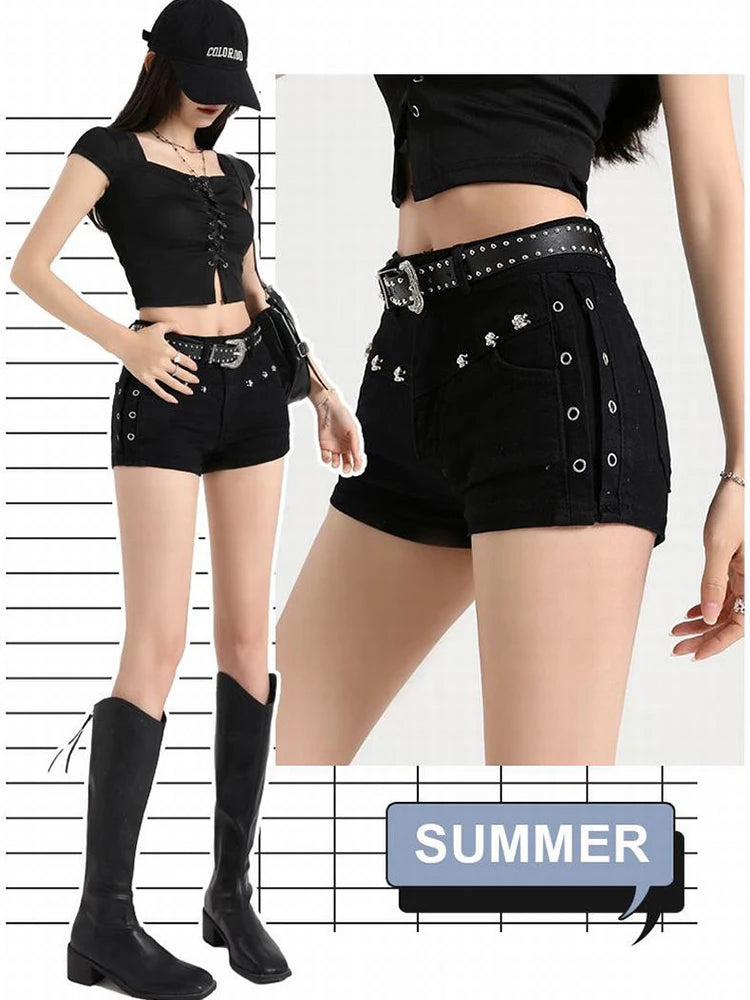 Summer Black Sexy Low Waist Y2K Jean Shorts Women Holiday Punk Gothic Denim Pants Korean Daily Fashion Skinny Strech Shorts+Belt
