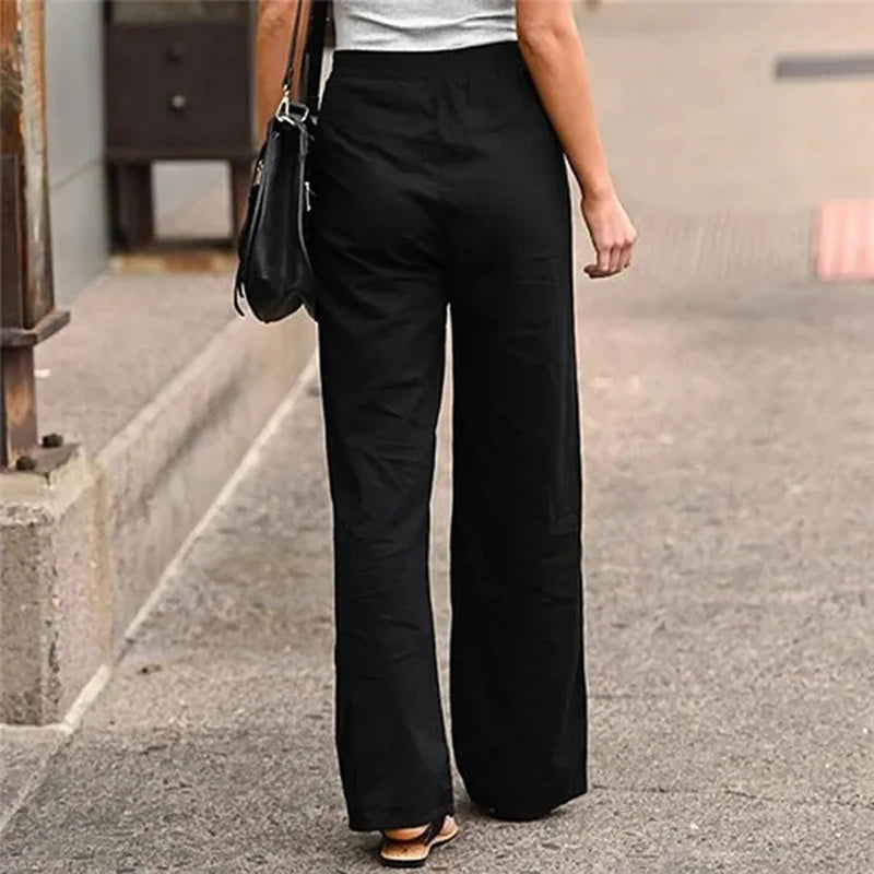 Women Long Pants Casual Loose Cotton Linen Elastic Waist Loose Straight Pants Female Elastic Waist Wide Leg Trousers Streetwear