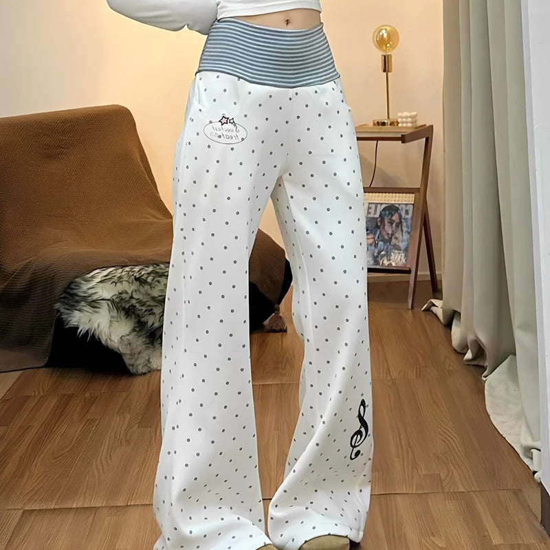Spring Sports White Polka Dot Printed Micro Flared Pants Casual Comfortable Home Loose Bottoms